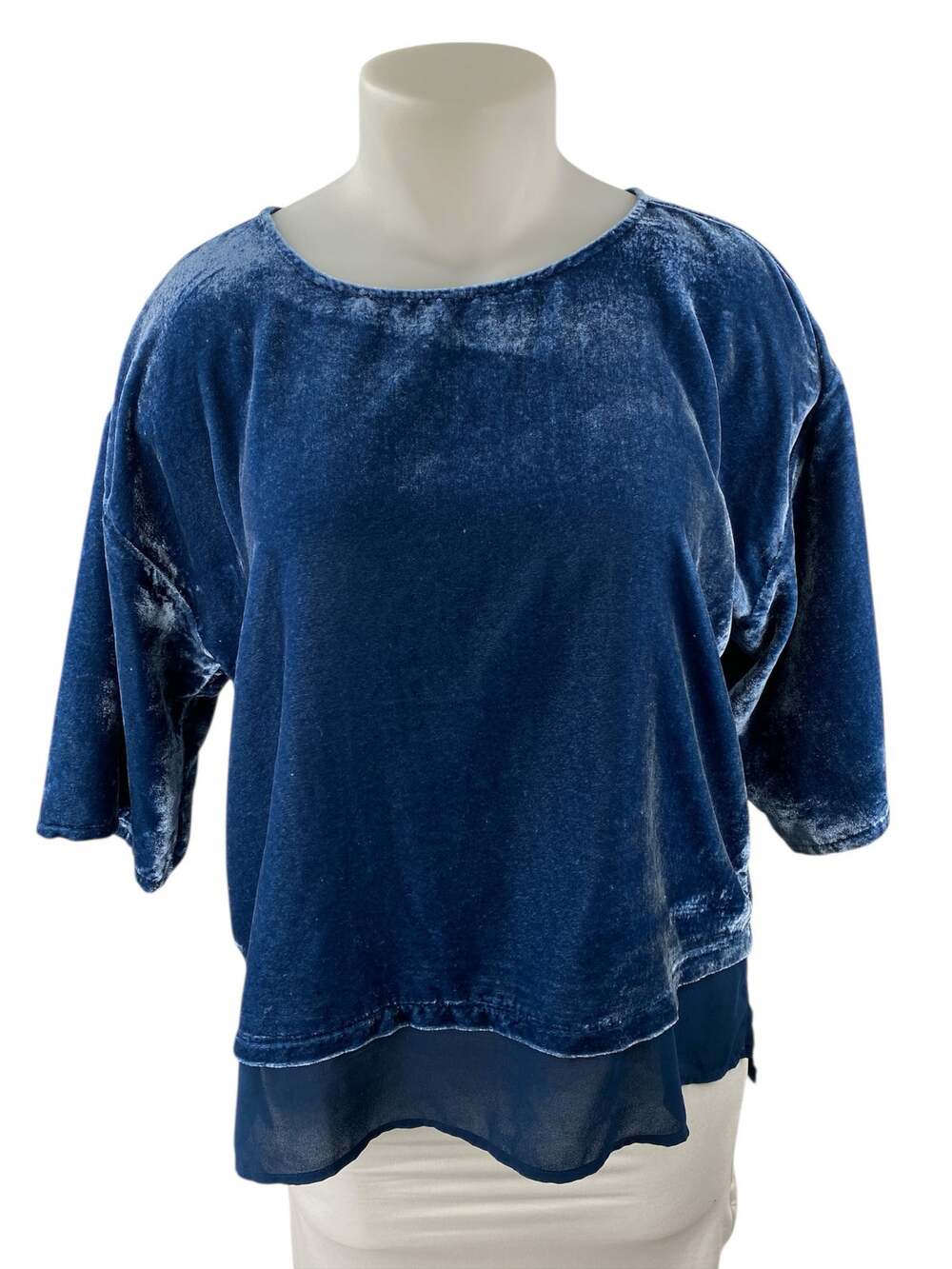 Soft Surroundings Gisella Blue Velvet Velour Crew Neck 3/4 Sleeve Blouse Top XL
